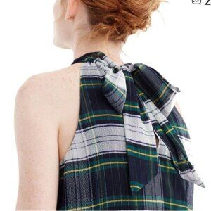 J Crew Top Womens 16 Green Highland Tartan Plaid Tie Neck Halter Blouse Holiday